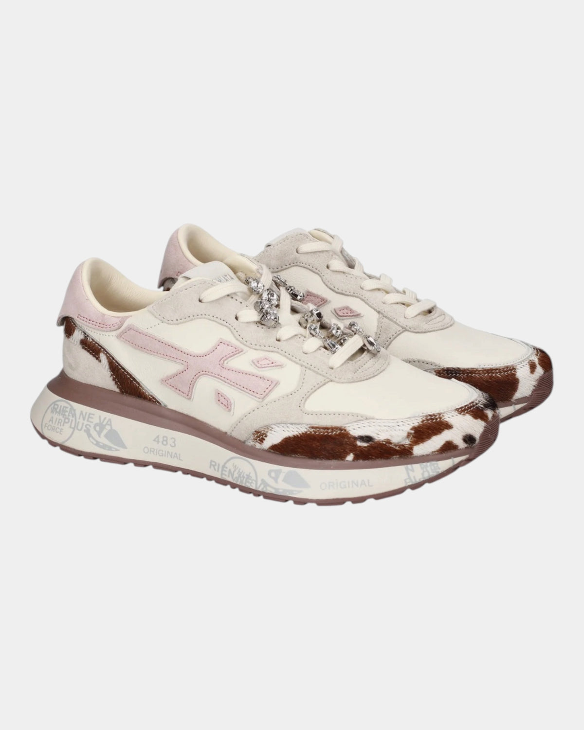 Premiata Lauryn 8456K – Sneaker in pelle e cavallino con dettagli gioiello Panna/Rosa
