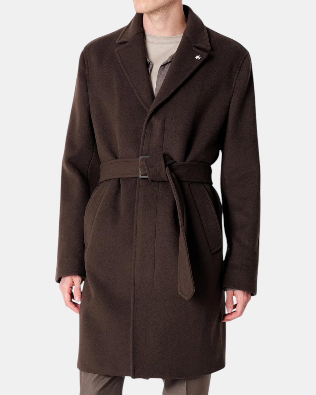 Manuel Ritz – Cappotto monopetto con cintura in misto lana Marrone