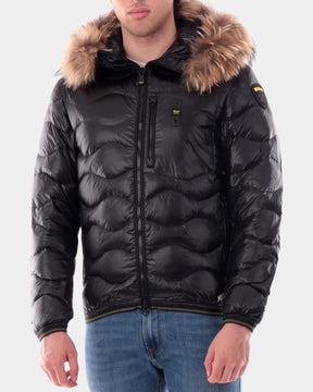 Blauer Wave Fur – Piumino trapuntato a onde con cappuccio nero