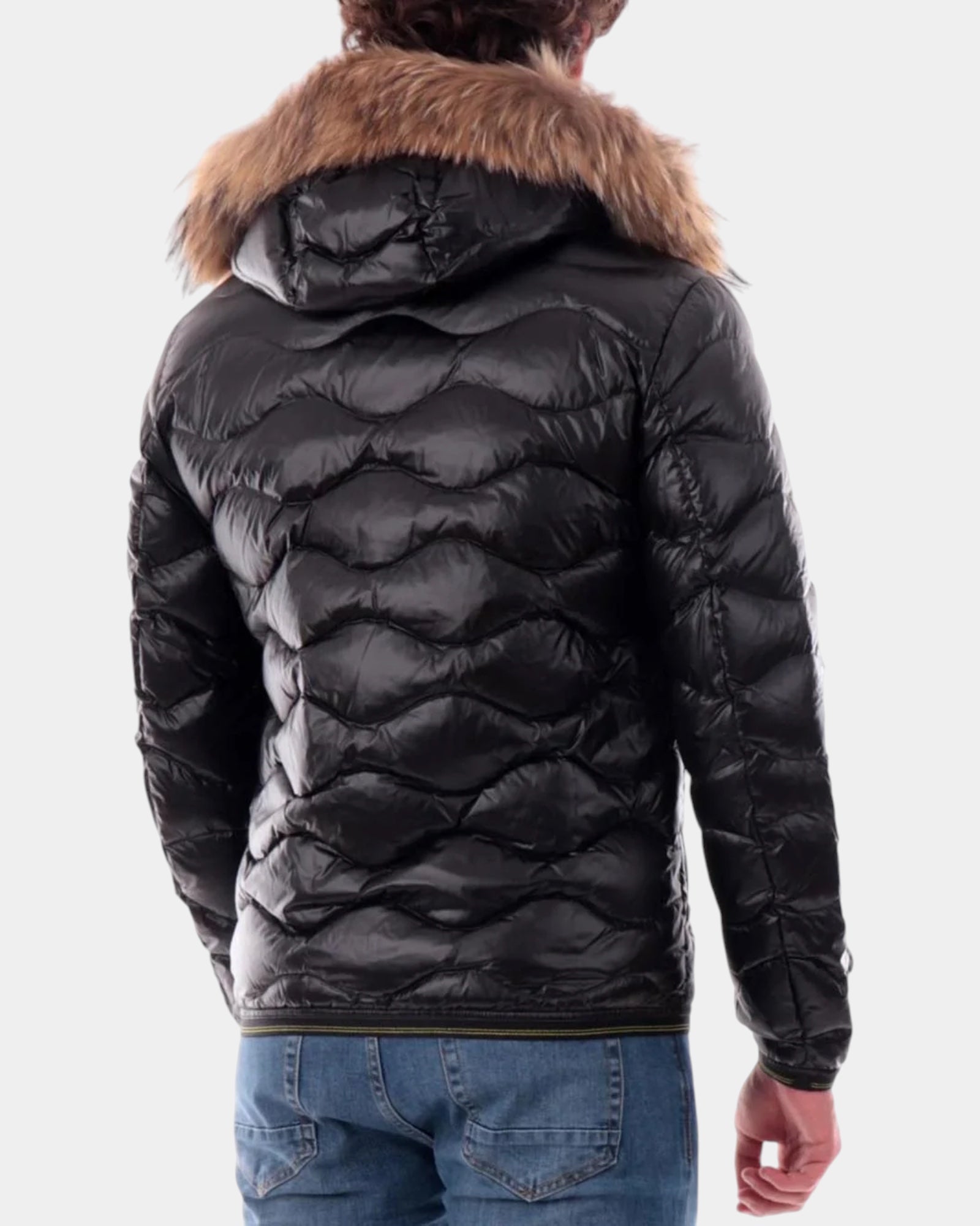 Blauer Wave Fur – Piumino trapuntato a onde con cappuccio nero