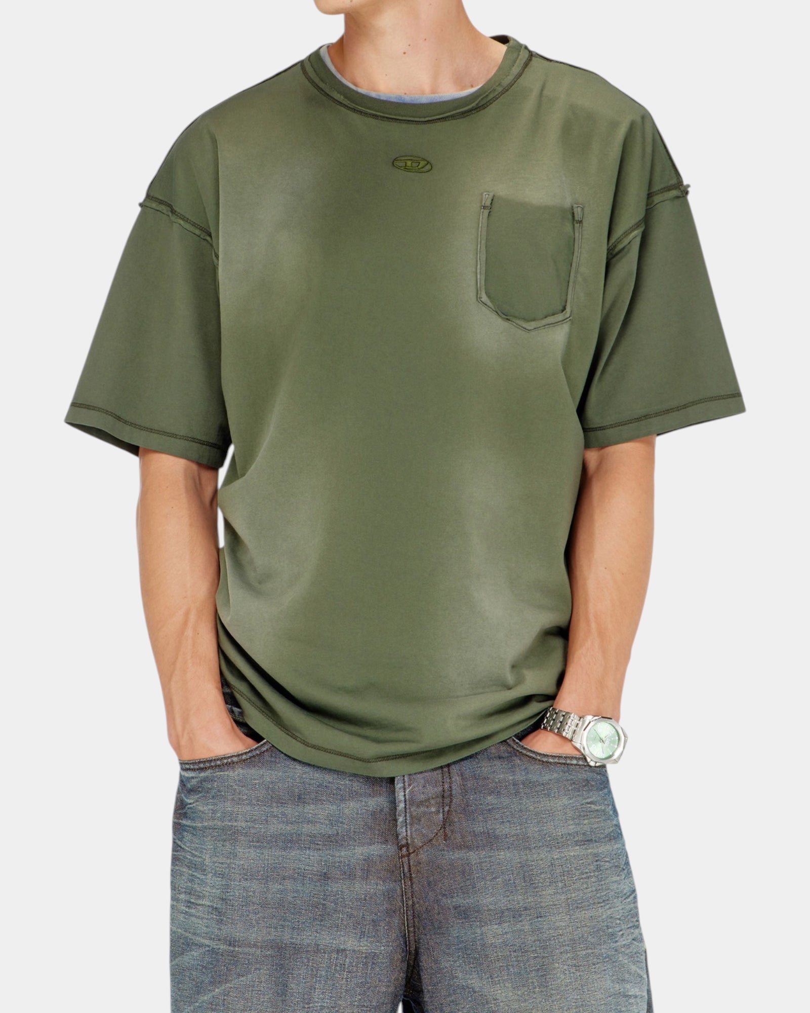 Diesel T-shirt T-Pock Effetto Sbiadito Verde militare