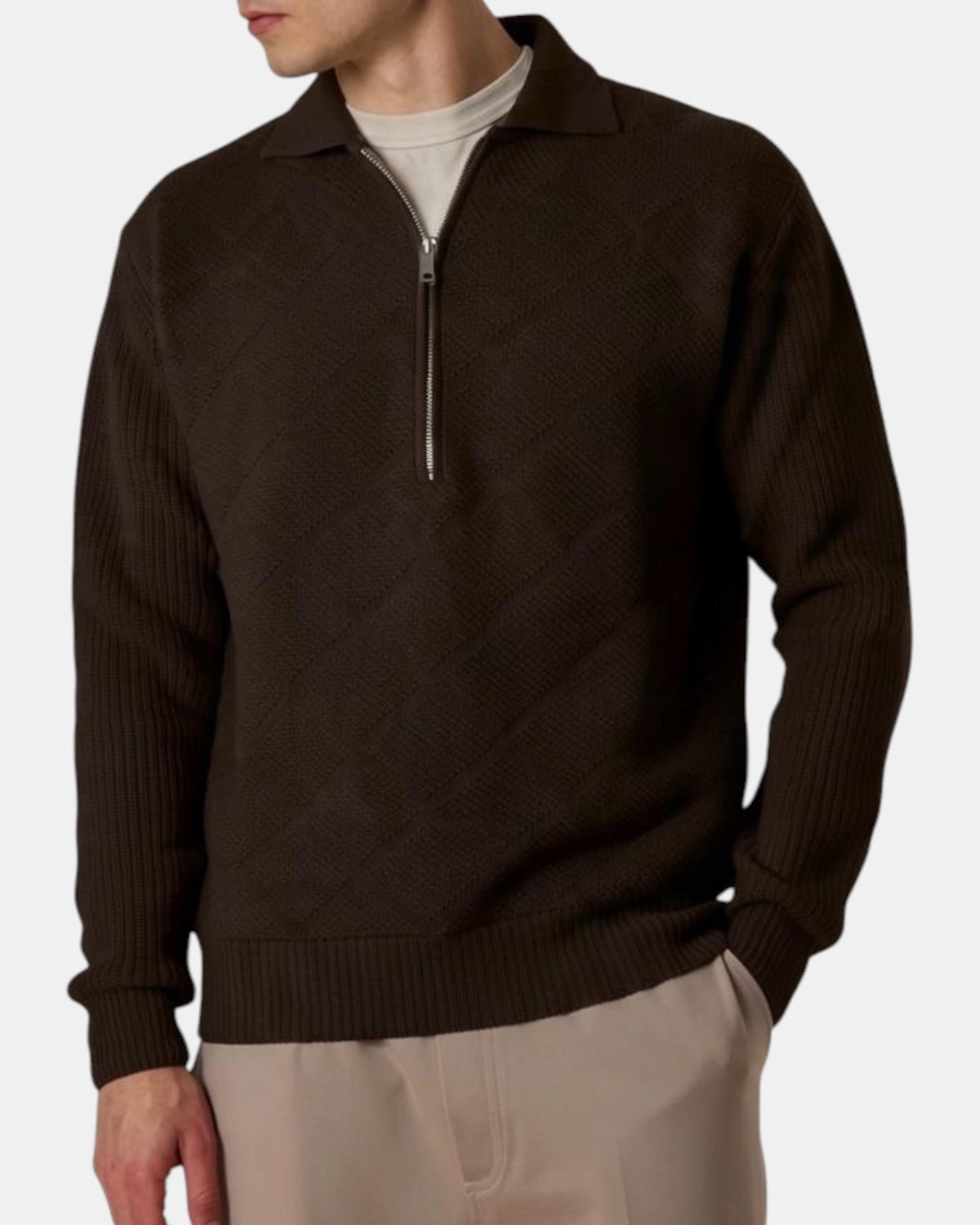 Daniele Fiesoli – Polo in maglia a rombi con mezza zip