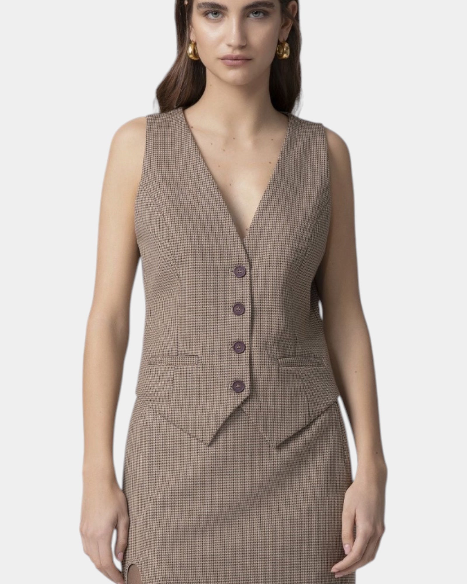Mar de Margaritas – Gilet monopetto Micro pied de poule cammello
