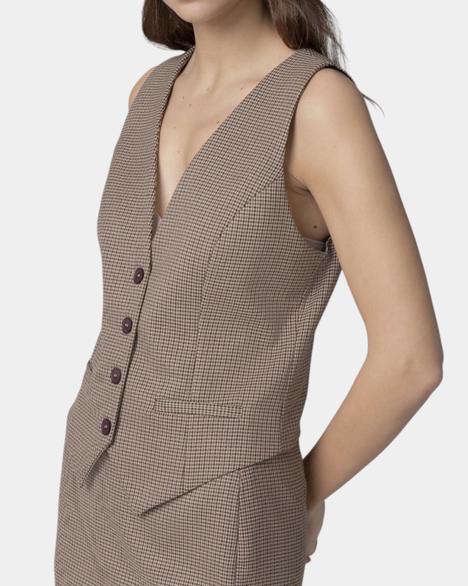 Mar de Margaritas – Gilet monopetto Micro pied de poule cammello