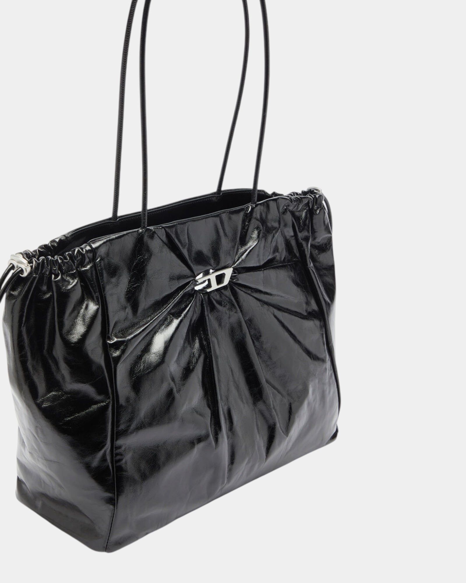 Diesel Borsa Tote Scrunch-D East-West in Pelle Lucida Nero
