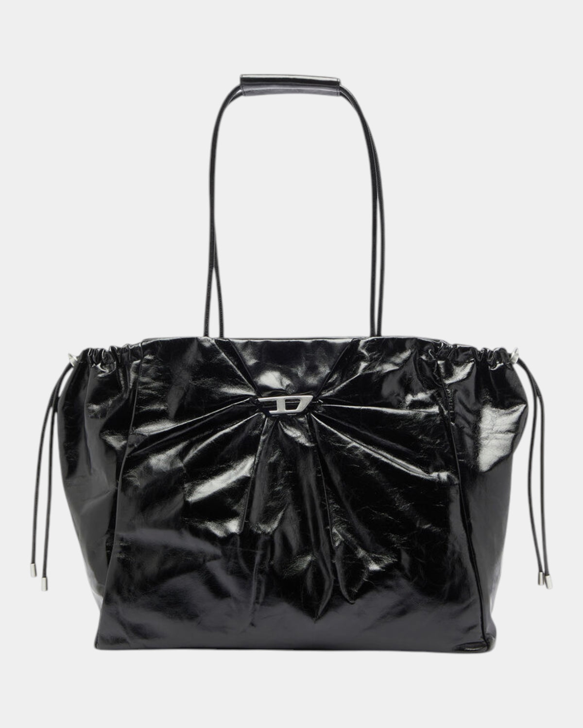 Diesel Borsa Tote Scrunch-D East-West in Pelle Lucida Nero
