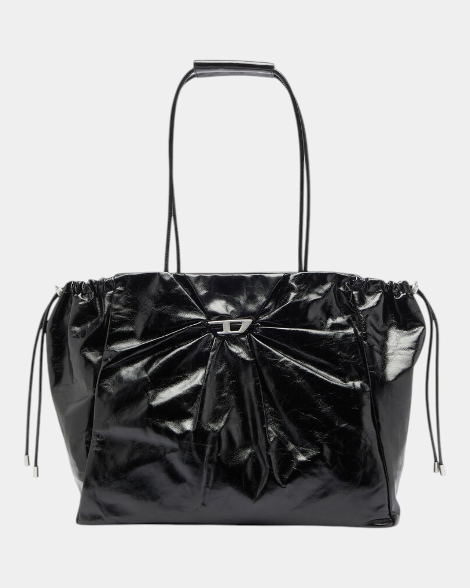 Diesel Borsa Tote Scrunch-D East-West in Pelle Lucida Nero