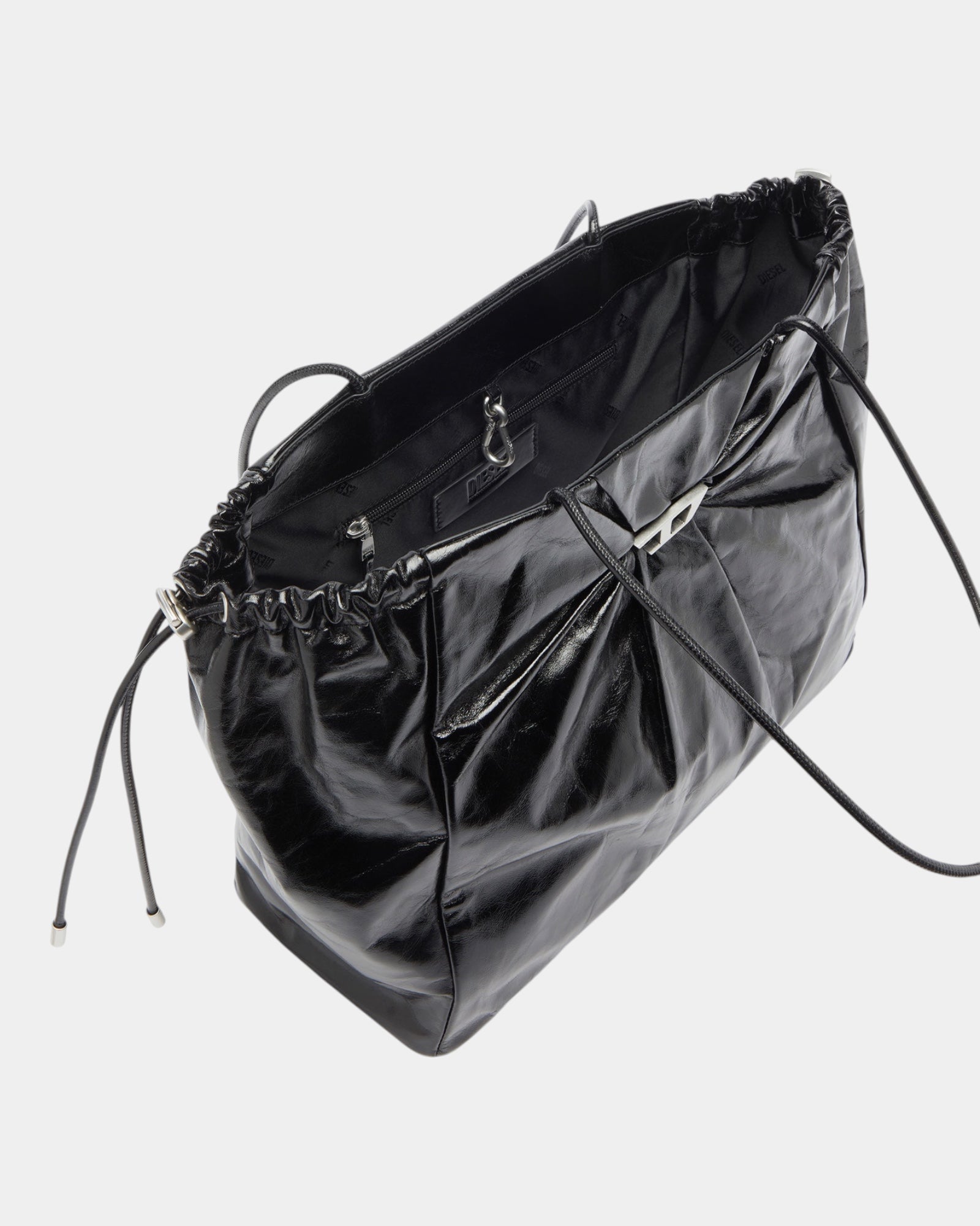 Diesel Borsa Tote Scrunch-D East-West in Pelle Lucida Nero